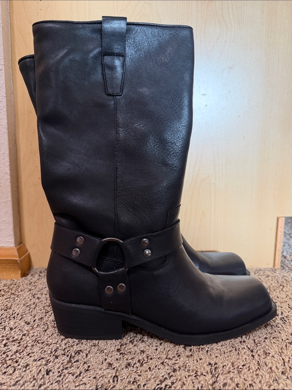Steve Madden Black Leather Mid-Calf Harness Boots